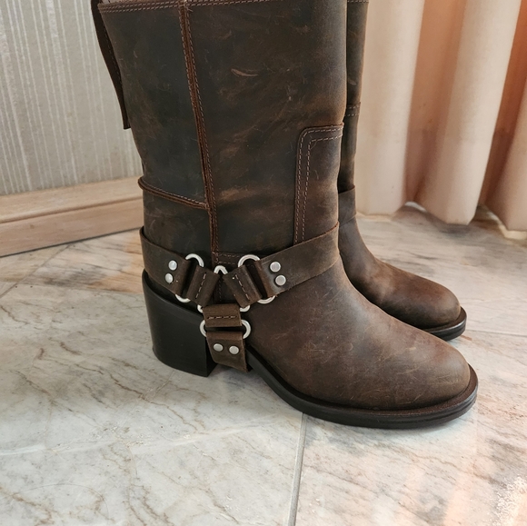 ZARA New Wide Heeled Buckle Biker Boots Leather Suede 7.5 - Picture 5 of 9